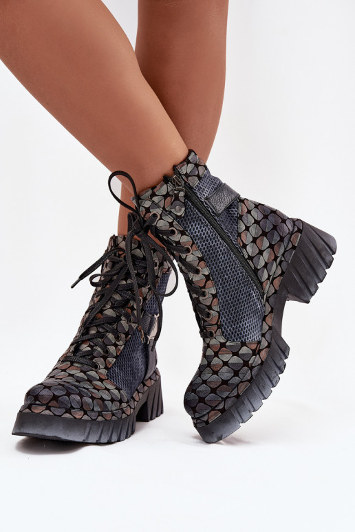 Skórzane Botki Workery Damskie Maciejka 07072-03 Multikolor