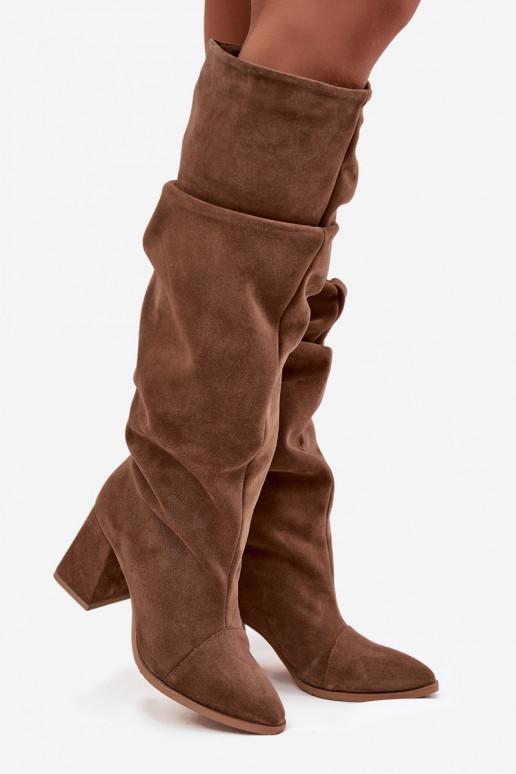 Marszczone KozakiwithNaturalnego Zamszu Na Słupku Ocieplane Zazoo 4228 Jasnobrązowe