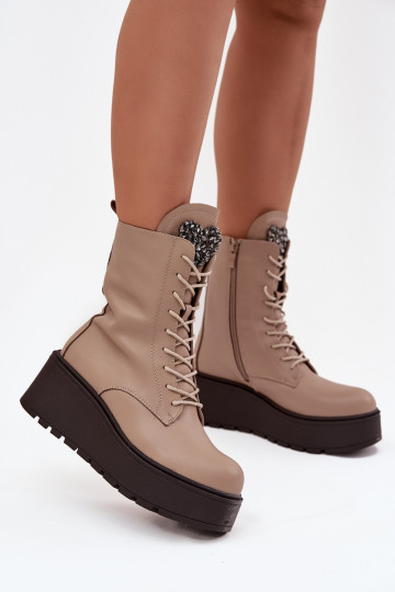 Leather Women's Ankle Boots With Decoration Heated Beige Ulrika 2
