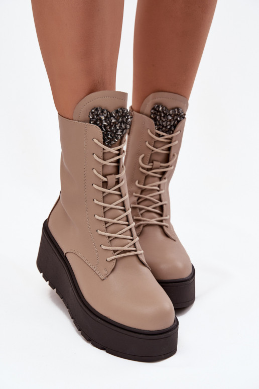 Leather Women's Ankle Boots With Decoration Heated Beige Ulrika