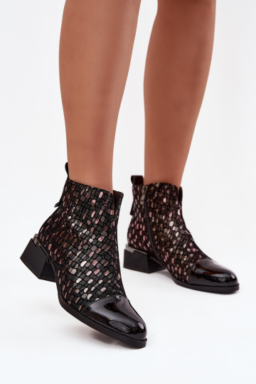 Patent Leather Women's Ankle Boots Made of Genuine Leather with Low Heel D&A LZ52-960 Black