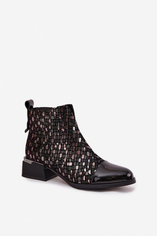 Lakierowane Botki DamskiewithNaturalnej Skóry Na Niskim Obcasie D&A LZ52-960 Czarne