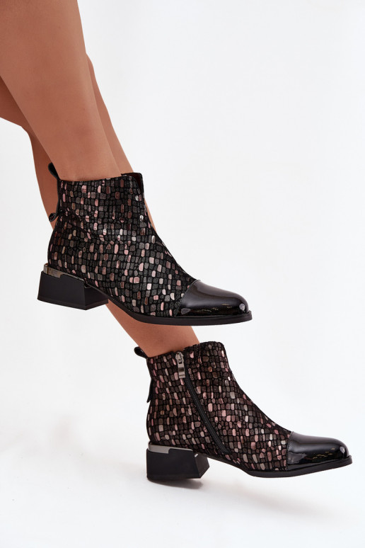 Lakierowane Botki DamskiewithNaturalnej Skóry Na Niskim Obcasie D&A LZ52-960 Czarne