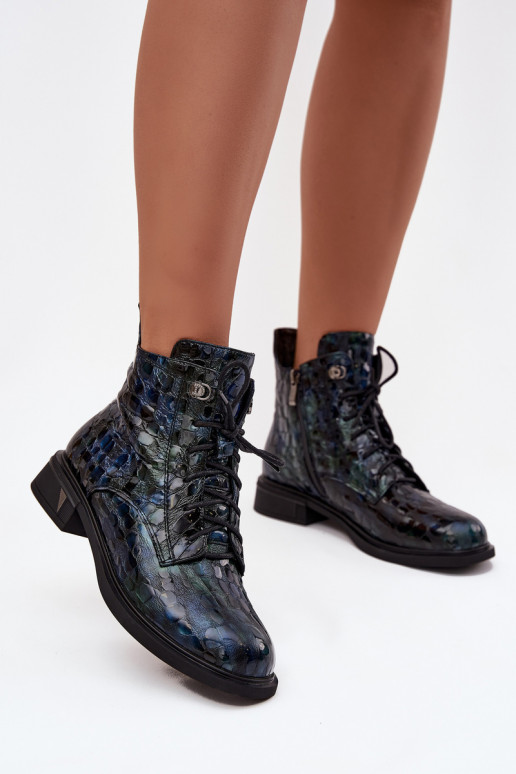 Patent leather women's ankle boots made of genuine leather D&A LZ52-962 navy blue