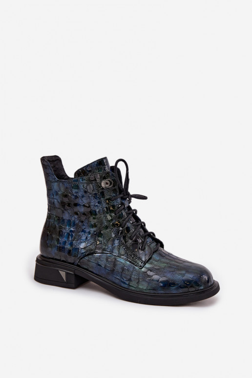 Patent leather women's ankle boots made of genuine leather D&A LZ52-962 navy blue