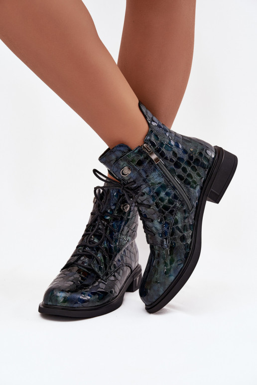 Patent leather women's ankle boots made of genuine leather D&A LZ52-962 navy blue