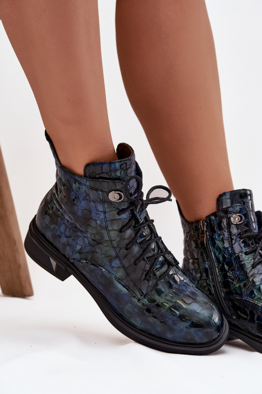 Lakierowane Botki DamskiewithNaturalnej Skóry D&A LZ52-962 Granatowe