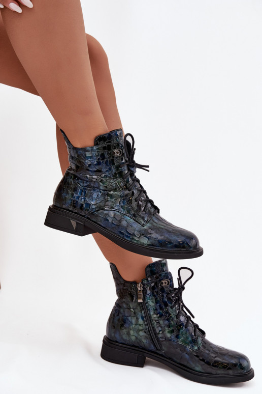 Patent leather women's ankle boots made of genuine leather D&A LZ52-962 navy blue