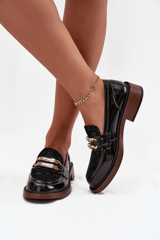 Skórzane Lakierowane Mokasyny DamskiewithOdobnym Detalem D&A MR52-173 Czarne