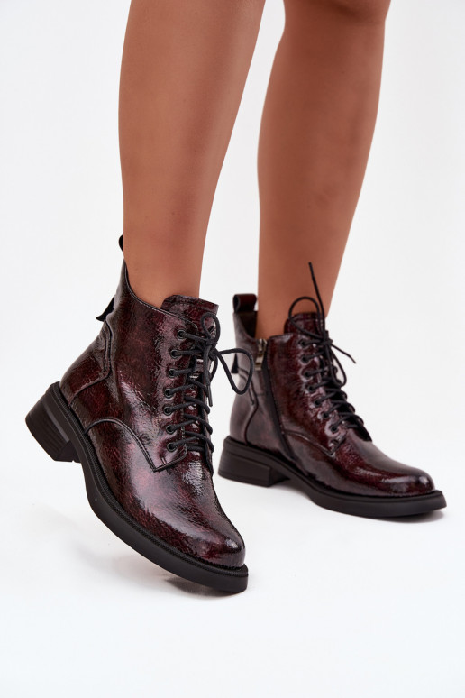 Patent Leather Leather Women's Ankle Boots On Block D&A LZ52-954 Burgundy