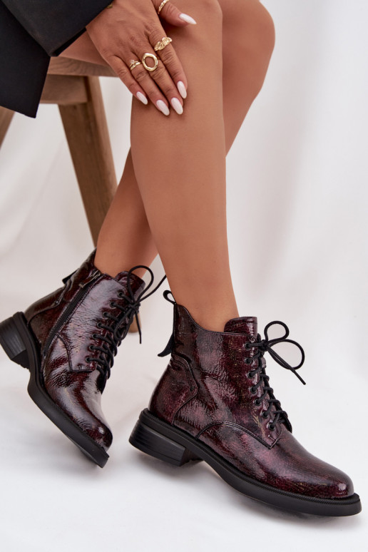 Patent Leather Leather Women's Ankle Boots On Block D&A LZ52-954 Burgundy