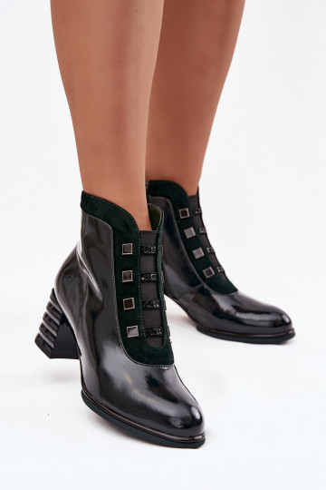 Lacquered Women's Boots Made of Genuine Leather on Heel DACR52696 Dark Green