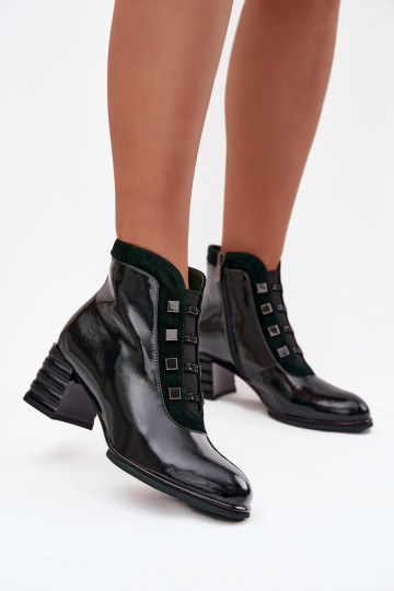 Lacquered Women's Boots Made of Genuine Leather on Heel DACR52696 Dark Green 2