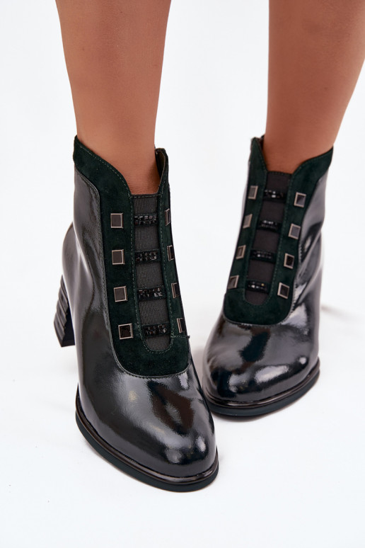 Lacquered Women's Boots Made of Genuine Leather on Heel DACR52696 Dark Green