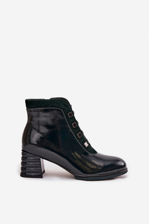 Lacquered Women's Boots Made of Genuine Leather on Heel DACR52696 Dark Green