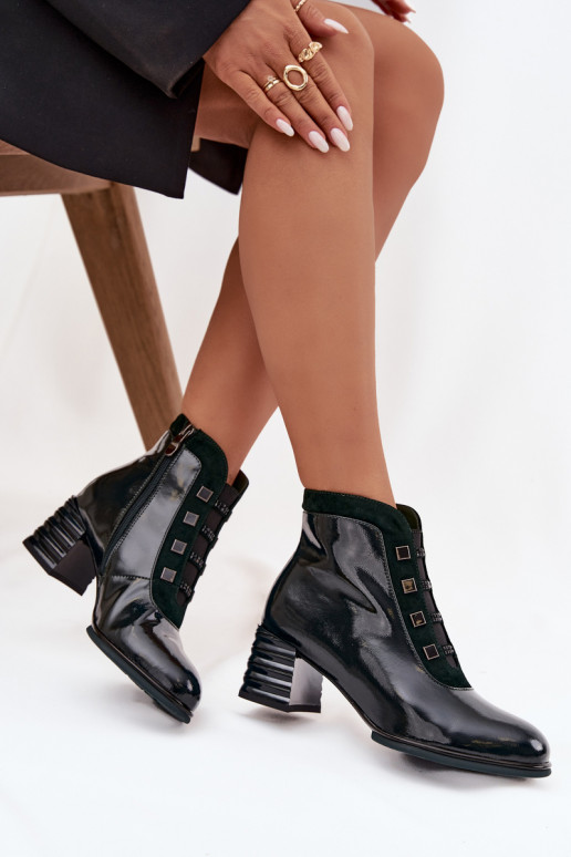 Lacquered Women's Boots Made of Genuine Leather on Heel DACR52696 Dark Green