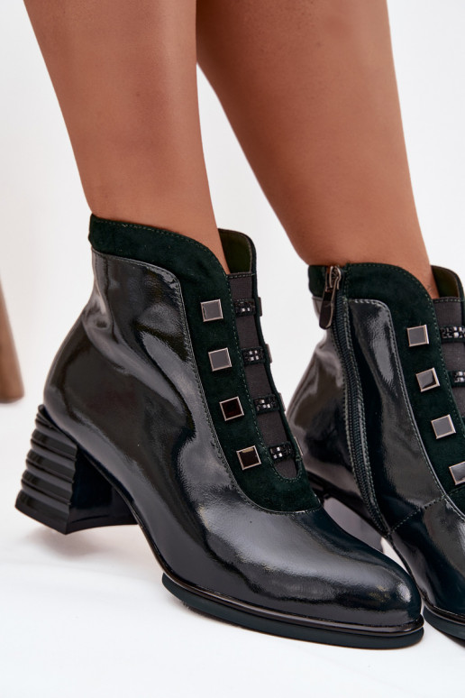 Lacquered Women's Boots Made of Genuine Leather on Heel DACR52696 Dark Green