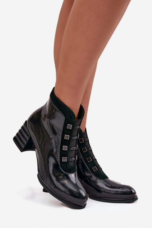 Lacquered Women's Boots Made of Genuine Leather on Heel DACR52696 Dark Green
