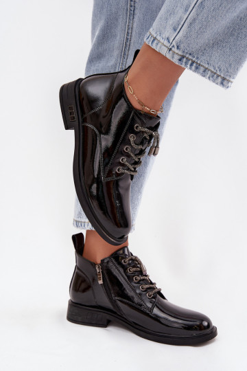 Leather Patent Women's Ankle Boots with Decorative Lacing D&A MR52-124 Black
