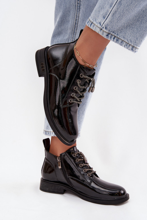 Leather Patent Women's Ankle Boots with Decorative Lacing D&A MR52-124 Black