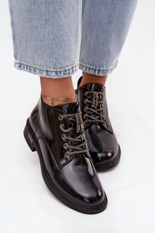 Leather Patent Women's Ankle Boots with Decorative Lacing D&A MR52-124 Black