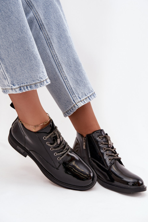 Leather Patent Women's Ankle Boots with Decorative Lacing D&A MR52-124 Black
