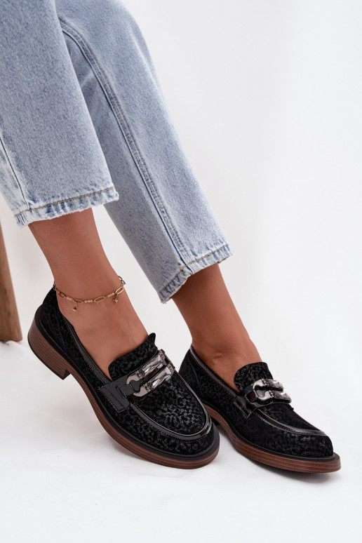 Suede Women's Loafers with Decoration D&A MR52-176 Black