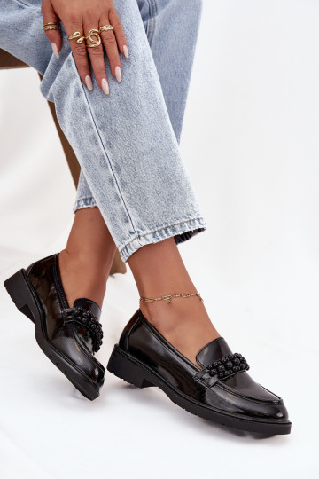 Women's Patent Loafers With Beads S.Barski HY52-541 Black