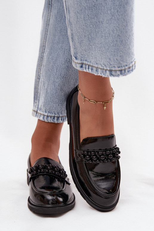 Women's Patent Loafers With Beads S.Barski HY52-541 Black