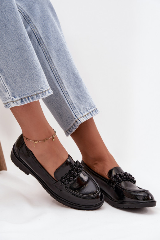 Women's Patent Loafers With Beads S.Barski HY52-541 Black