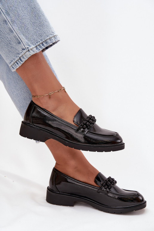 Women's Patent Loafers With Beads S.Barski HY52-541 Black