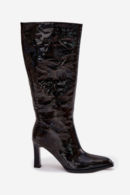 Skórzane Lakierowane Kozaki Damskie Na Obcasie Ocieplane D&A CR52-716 Czarne