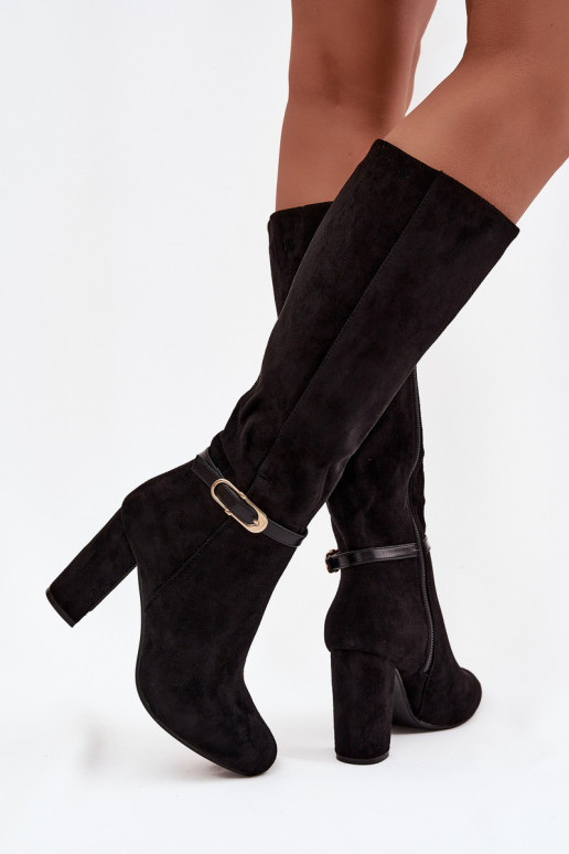 Women's heeled boots with gold buckle lined black Seraphine