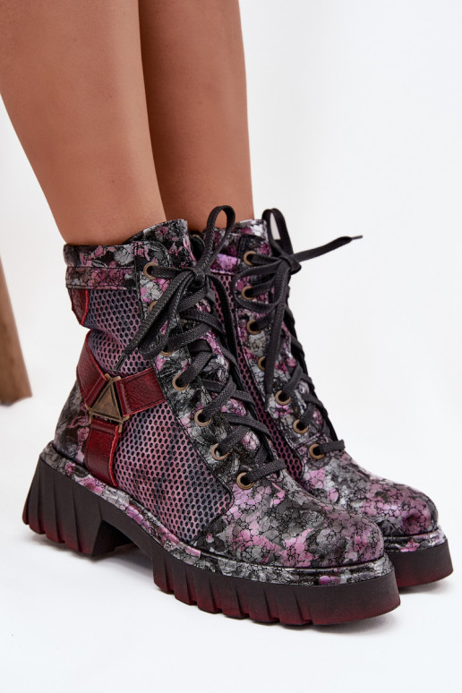 Skórzane Botki Workery Damskie Maciejka 07072-23 Bordowe