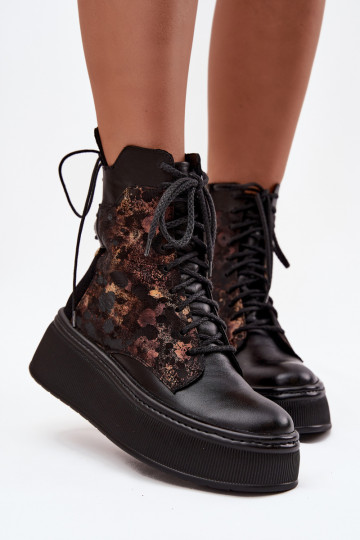 Leather Suede Ankle Boots On Platform Warm Black 06565-01