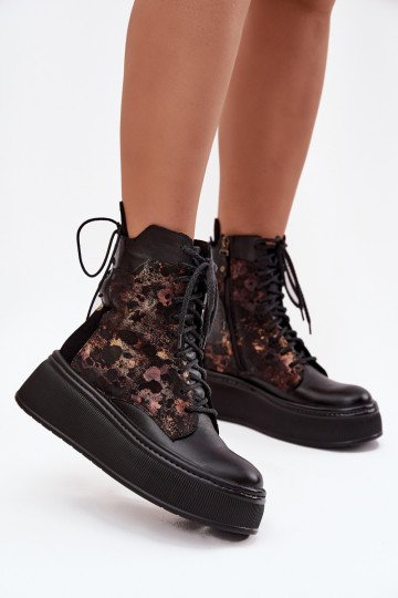 Leather Suede Ankle Boots On Platform Warm Black 06565-01 2