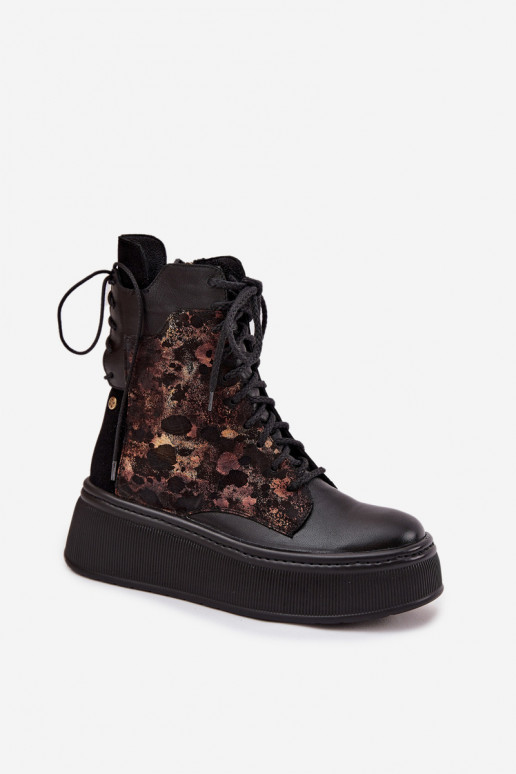 Leather Suede Ankle Boots On Platform Warm Black 06565-01 Leather Suede Ankle Boots On Platform Warm Black 06565-01