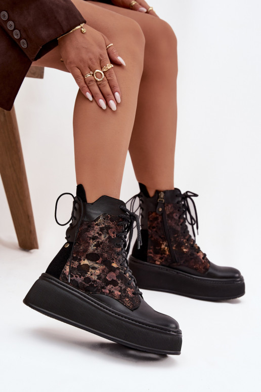 Leather Suede Ankle Boots On Platform Warm Black 06565-01 Leather Suede Ankle Boots On Platform Warm Black 06565-01