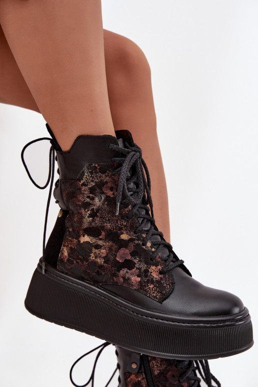 Leather Suede Ankle Boots On Platform Warm Black 06565-01 Leather Suede Ankle Boots On Platform Warm Black 06565-01