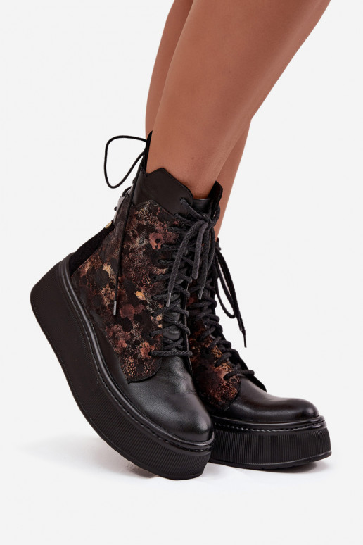 Leather Suede Ankle Boots On Platform Warm Black 06565-01 Leather Suede Ankle Boots On Platform Warm Black 06565-01