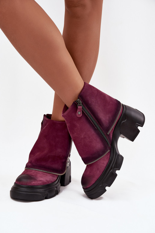 Leather Women's Ankle Boots With Turned Cuff Maciejka 07145-23 Bordeaux