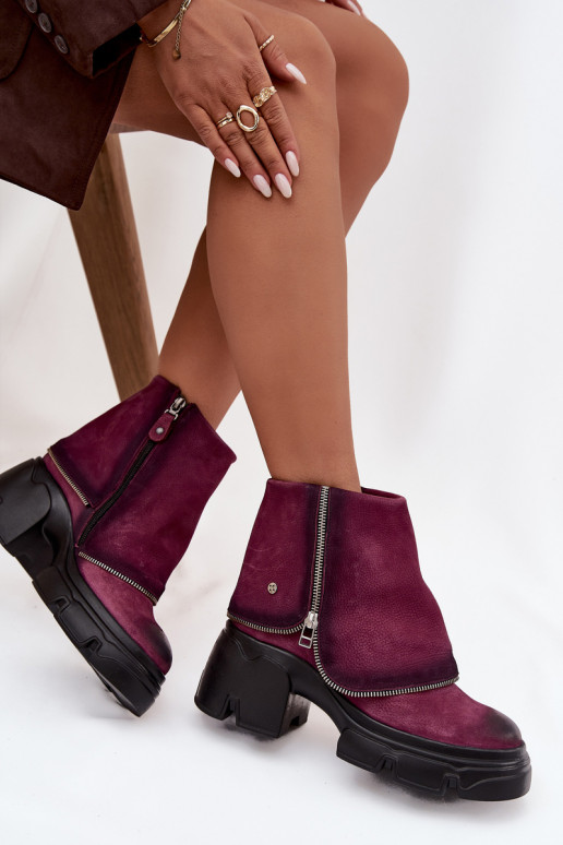 Leather Women's Ankle Boots With Turned Cuff Maciejka 07145-23 Bordeaux