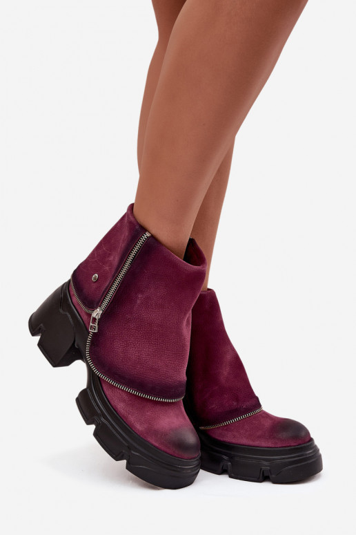 Leather Women's Ankle Boots With Turned Cuff Maciejka 07145-23 Bordeaux