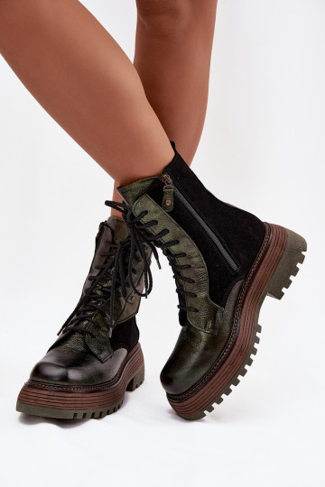 Leather Women's Work Boots on Platform Maciejka 07104-09 Dark Green 2