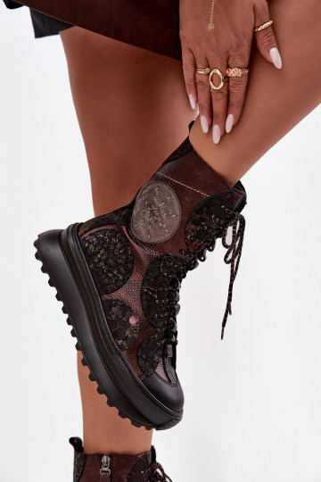 Leather Platform Boots Lined Maciejka 06565-02 Brown-Gold