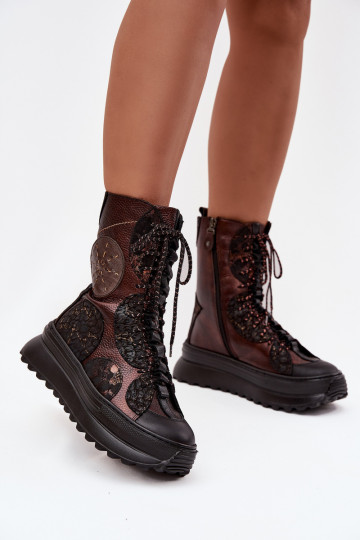 Leather Platform Boots Lined Maciejka 06565-02 Brown-Gold 2