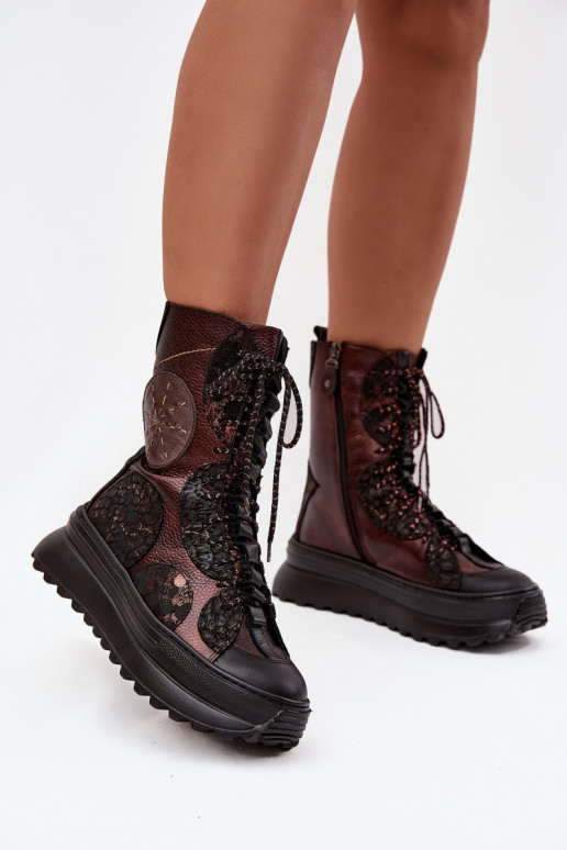 Leather Platform Boots Lined Maciejka 06565-02 Brown-Gold