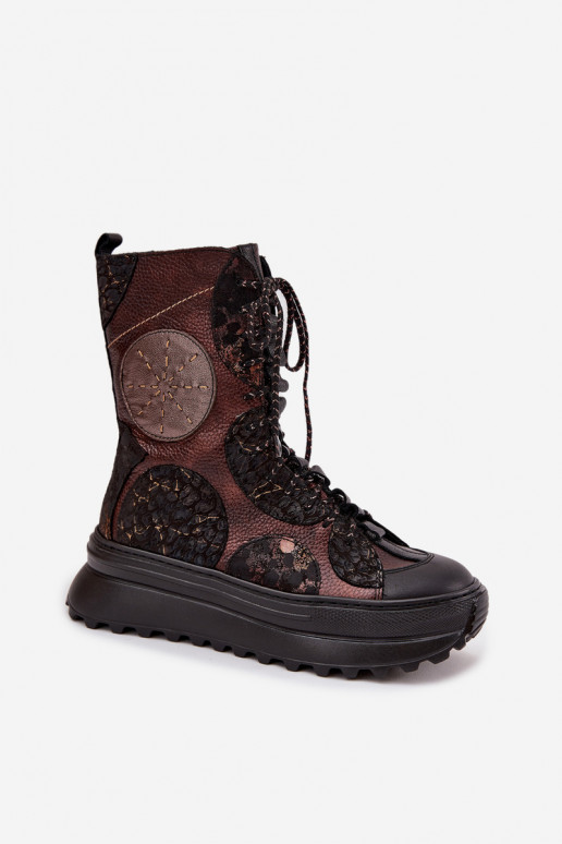 Leather Platform Boots Lined Maciejka 06565-02 Brown-Gold