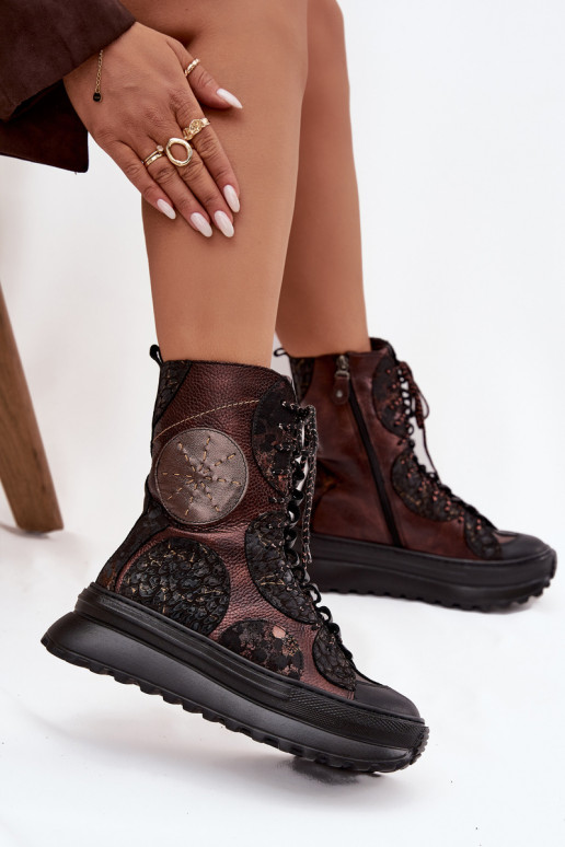 Leather Platform Boots Lined Maciejka 06565-02 Brown-Gold