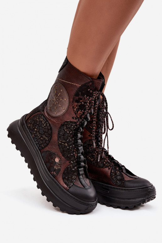 Skórzane Botki Na Platformie Ocieplane Maciejka 06565-02 Brązowo-Złote